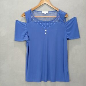 Emma & Olive T Shirt Womens‎ XL Blue Stretch Polka Dot Knit Cold Shoulder Modern